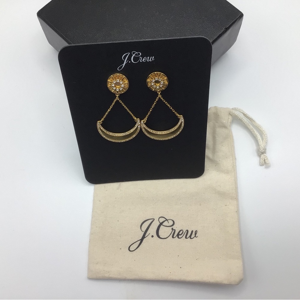 J Crew Earrings Crescent Half Moon Drop Dangle Chain Gold - Tone w/Rhinestone